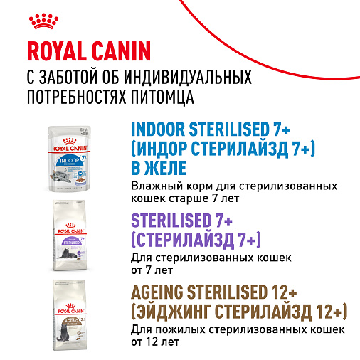 Royal Canin INDOOR STERILISED 7+ Корм консервированный полнорационный для кошек (в возрасте от 7 до 12 лет), живущих в помещении (мелкие кусочки в соусе)