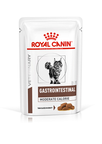 Royal Canin Gastrointestinal Moderate Calorie (в соусе) Корм консервированный полнорационный диетический для кошек с нарушениями пищеварения при панкреатите и нарушениях пищеварения. Ветеринарная диета