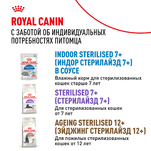 Royal Canin INDOOR STERILISED 7+ Корм консервированный полнорационный для кошек (в возрасте от 7 до 12 лет), живущих в помещении (мелкие кусочки в желе)