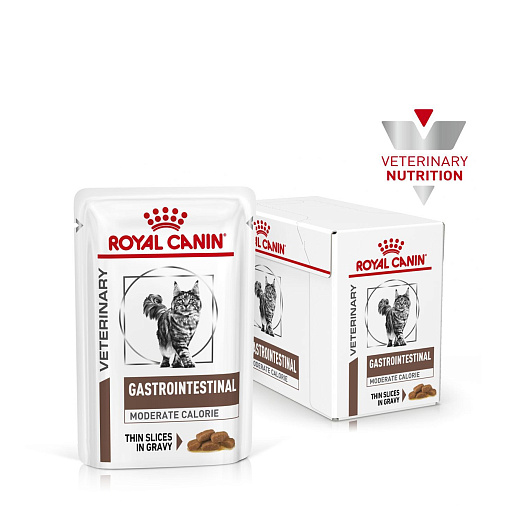 Royal Canin Gastrointestinal Moderate Calorie (в соусе) Корм консервированный полнорационный диетический для кошек с нарушениями пищеварения при панкреатите и нарушениях пищеварения. Ветеринарная диета