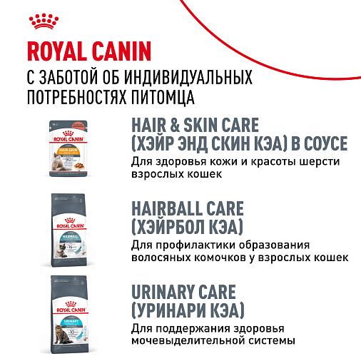 Royal Canin Hair&Skin Care Корм консервированный полнорационный для взрослых кошек для поддержания здоровья кожи и красоты шерсти, тонкие ломтики в желе
