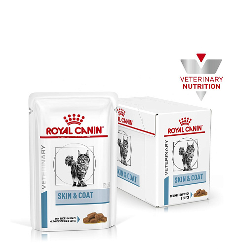 Royal Canin Skin & Coat (в соусе) Корм консервированный полнорационный для взрослых кошек старше 12 месяцев, с повышенной чувствительностью кожи / шерсти. Ветеринарная диета