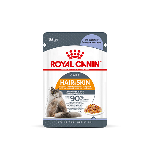 Royal Canin Hair&Skin Care Корм консервированный полнорационный для взрослых кошек для поддержания здоровья кожи и красоты шерсти, тонкие ломтики в желе