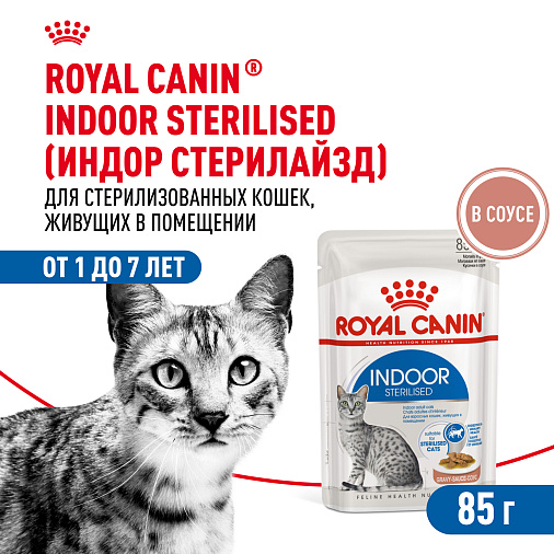 Royal Canin INDOOR STERILISED Корм консервированный полнорационный для взрослых кастрированных и стерилизованных кошек, живущих в помещении (кусочки в соусе)